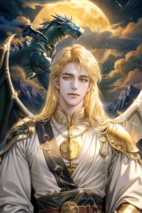 absurdres, highres, ultra detailed), 1 male, adult, handsome, tall  guy, broad shoulders, finely detailed eyes, looking down, solo, upper body, detailed background, detailed face, angel, heaven, moon, light smile, no top anything, gold waist chain, bright ...