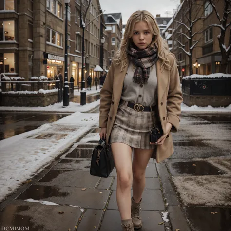 ((One)) blonde woman, messy hair, similing, full body shot, Plaid brown skirt,
Grey tights,
Doc Martins black,
Gucci handbag,
Scarf red,
Winter coat beige,
Thin, professional colour grading,UK background