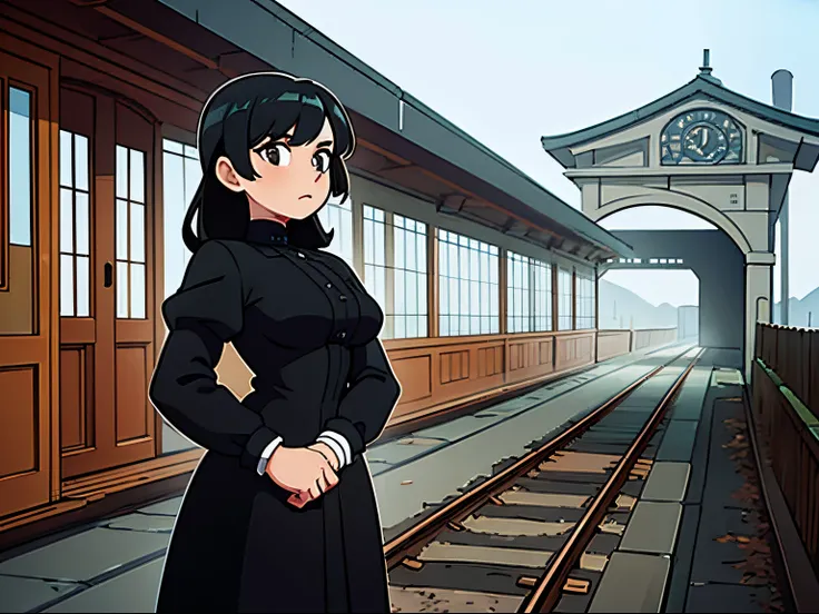 high quality. masterpiece, wide shot, a woman with black hair, wearing an all black victorian dress standing on an old fashioned foggy train station