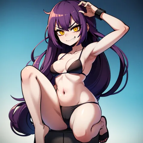 A cute tall girl with long purple hair tied in two pigtails, yellow eyes, shes in bikini, she has an evil smirk, full body pic