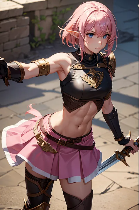 abs, androgynous, elf, crop top, pink skirt, bronze armor, nsfw, brown skin, pink hair, holding sword