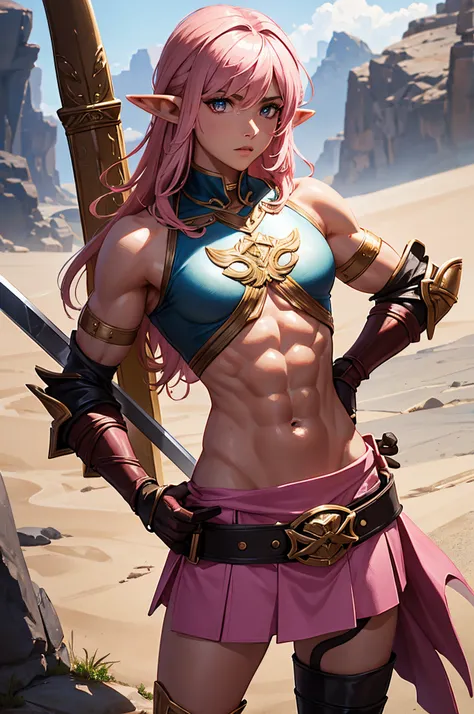 abs, androgynous, elf, crop top, pink skirt, bronze armor, nsfw, brown skin, pink hair, holding sword