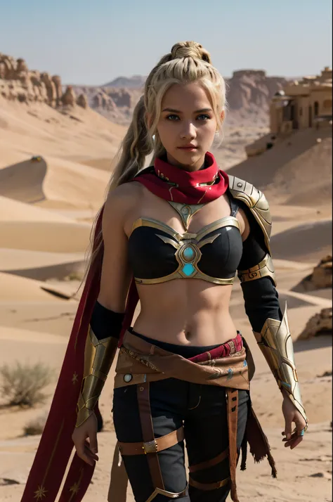 ((masterpiece)),((intricate details)), 8k, hd, genshin, genshin impact, desert, photography, 1girl, hot woman, beautiful, teenager, blonde girl, Tadhla, very long hair, ponytail, midriff, pants, scarf, armor, shoulder armor, red scarf, cyan eyes, middle ea...