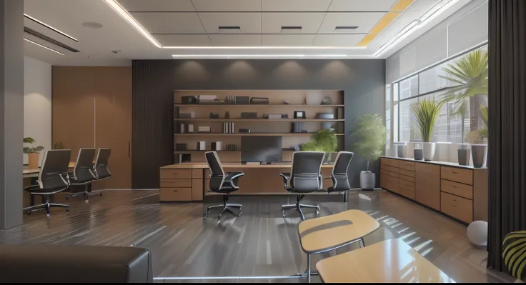 there is a large office with a desk and chairs in it, modern office, offices, office interior, office room interior, office furniture, professional render, home office interior, accent lighting : : peugot onyx, ceo, office background, modern look, by Harol...