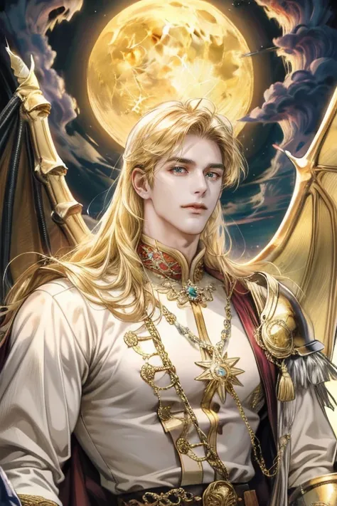 absurdres, highres, ultra detailed), 1 male, adult, handsome, tall muscular guy, broad shoulders, finely detailed eyes, looking down, solo, upper body, detailed background, detailed face, moon, light smile, no top anything, gold waist chain, bright gold be...