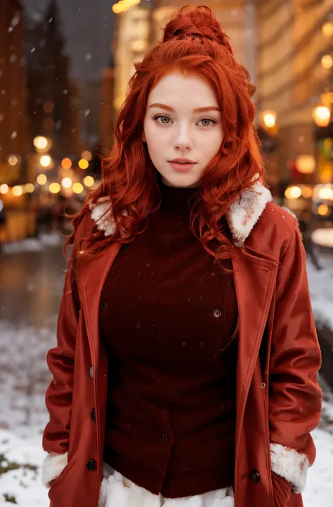 Red-haired woman in a brown fur coat poses for a red-haired girl, snowing, She wears a fur coat, In the snow, fur, cute young redhead girl, SFW, beautiful upper body, Warm light from lanterns, Redhead, smooth red skin