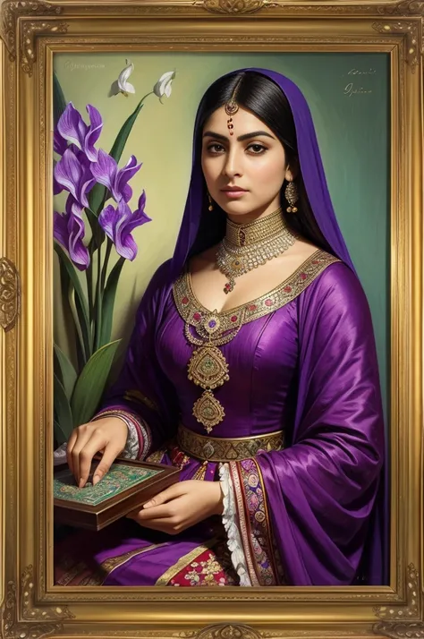 Persian Qajar period woman , in traditional clothes  , background contains painting of nightingale among orchid and iris flowers, floral frame , ((perfect rectangular frame))