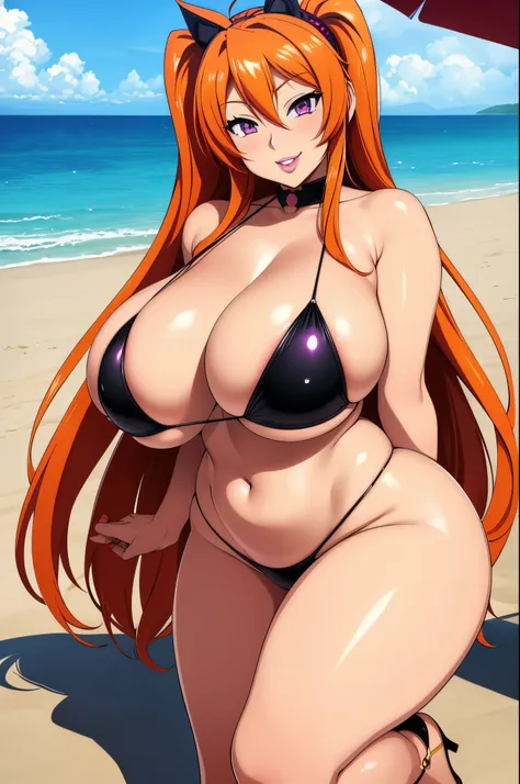 high resolution, highly detailed face, Irina Shidou, 1 girl, ((bimbo))), long orange hair, purple eyes, thick lips, painted lips, erotic smile face, blushing, wide hips, thick thighs, thick, huge breast, huge round ass, oily shiny skin, black bikini, beach...