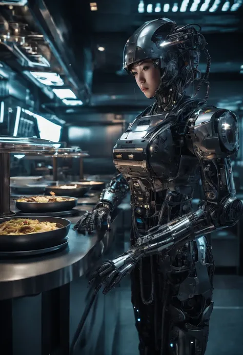 a young asian girl cyborg working as a chef in a futuristic restaurant, dark and gloomy, intricate details, interesting perspective, hdr