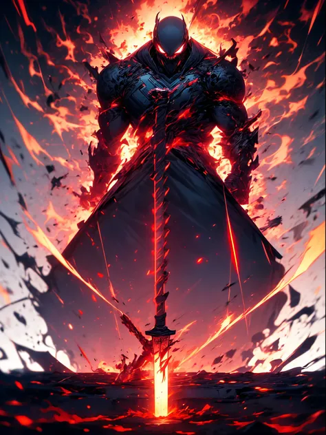 1 boy, Dragon slayer, raging, destructive eyes, scary face, full body dragon mech armor from top to bottom, doom sword in hand, fighting stance, destroyed background, energy emitting from sword and his back, looking at the camera, dead eyes, death stare, v...