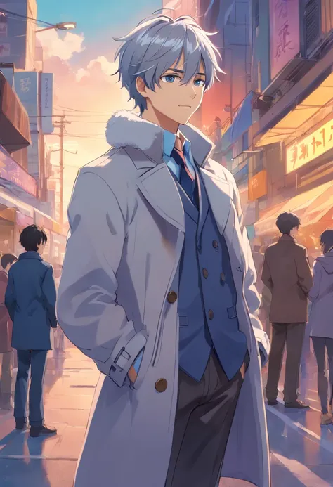 one male teenager, adorable, captivating, messy silver hair, wearing a silver colored double-breasted coat with large cuffs thats open down the middle, standing on two feet, full body committee, 4k, ultra high resolution, delicate eyes, relaxed, arms cross...