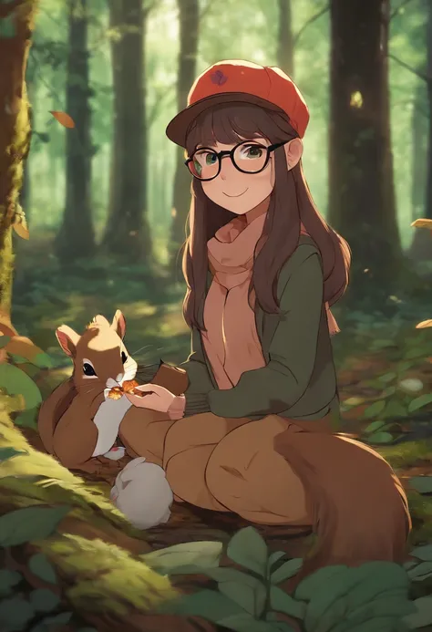 A photo of the character hand-feeding a group of friendly squirrels in the heart of the forest,original,Anime merch, beanie, glasses, long hair with neon streaks, no makeup