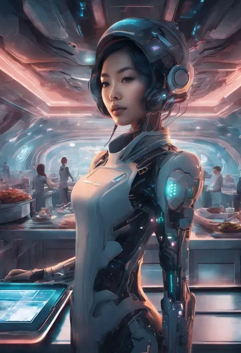 a cute beautiful young asian girl cyborg working as a chef in a futuristic restaurant, dark and gloomy, intricate details, interesting perspective, hdr