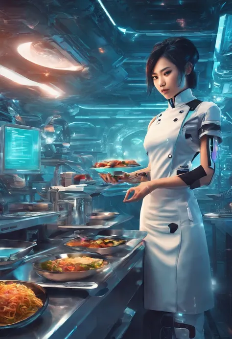 a cute beautiful young asian girl cyborg working as a chef in a futuristic restaurant, dark and gloomy, intricate details, interesting perspective, hdr