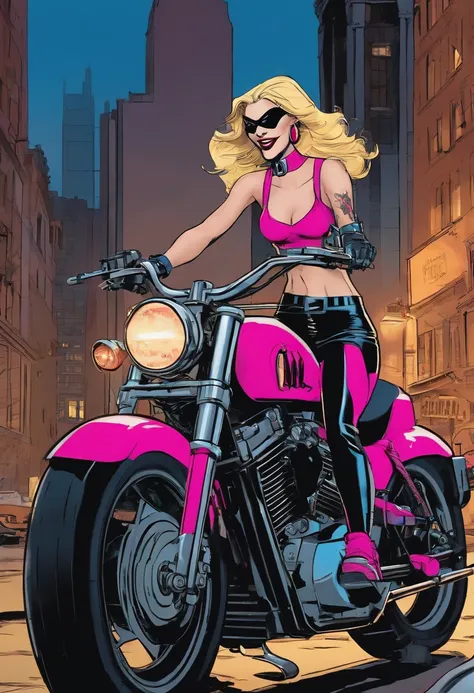 The image is of Harley Quinn riding a customized hot pink motorcycle through a chaotic Gotham City street, with a maniacal grin on her face.,Batman: The Animated Series,[Appearance= "Blonde Hair in Pigtails", "Tight Tank Top and Spandex Shorts", "Pale Comp...