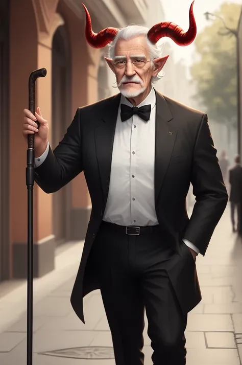 A tall grandfather with red horns and in black clothes with a cane in his hands