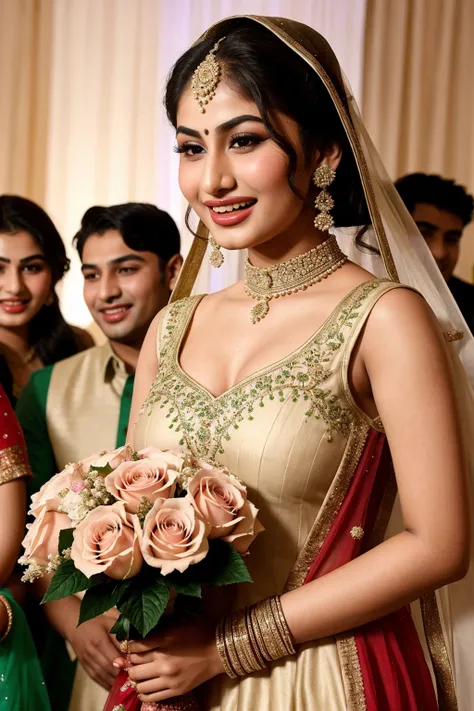 14 years old girl named mouni roy, wearing detailed salwar kameez, closeup full body photo taken on iphone 15, laughing, makeup, wedding venue, instagram photo, detailed salwar, detailed kameez, detailed duppati, bouquet flowers, people in background, boke...