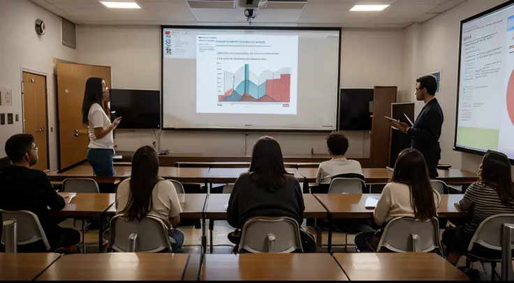 Imagem de uma sala de aula em uma grande universidade, full of adult students watching a presentation of mathematical calculations from a projector