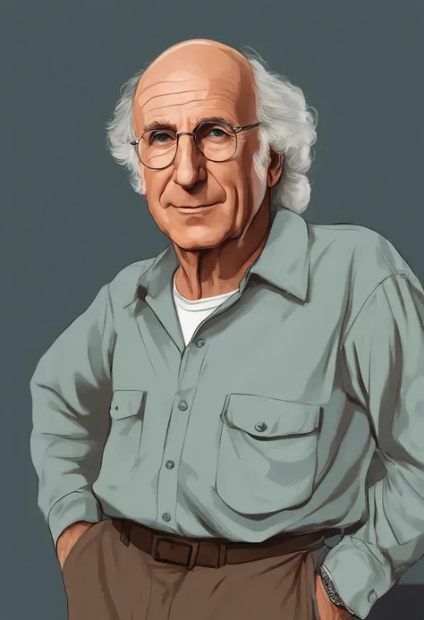 A photo of Larry holding up a vintage vinyl record with a disdainful expression.,Curb Your Enthusiasm,Larry David, the character from “Curb Your Enthusiasm,” mirrors his real-life counterpart with a casual, often disheveled appearance, typically seen in kh...