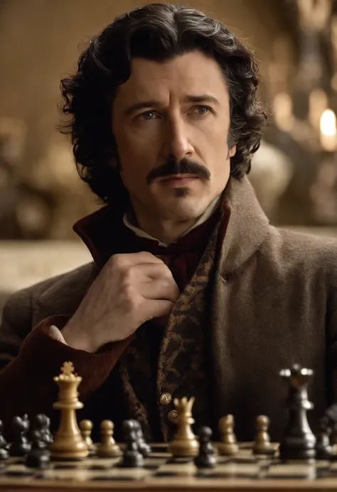 A vintage-looking chess set with the pieces arranged in a unique and unexpected formation,Game of Thrones,Petyr is tall and wears fine coats, with black hair streaked with grey, with a moustache and short goatee. Famously portrayed by Aidan Gillen