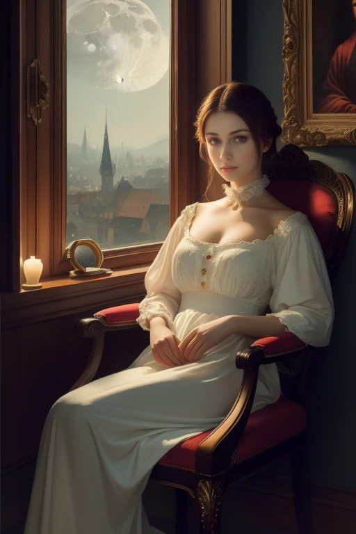 (Best Quality,4k,8K,hight resolution,Masterpiece:1.2), oil painting, beautiful girl sitting in a chair by the window, Evening, moon light, beautiful fantasy art portrait, Troy Brooks style