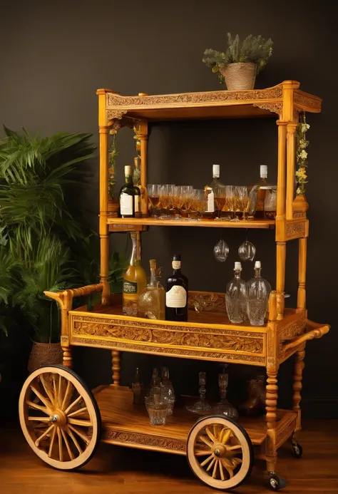 A photo of a beautifully handcrafted wooden bar cart with intricate carvings and a fold-out serving tray.,original,He has a long white beard and is close to 70 years old. He wear wore rimmed glasses and a yellow safety hat at all times