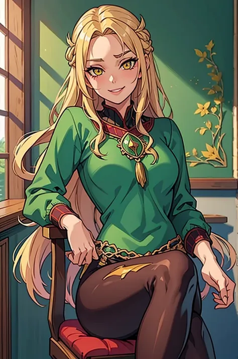 1girl, solo, 16 years old, loose blond hair, wearing dark red velvet leggings and a green sweather, sitting on a chair in classroom, crossing legs, smiling embarassed, side view, bare forehead, hooked nose, puffy cheeks, small breast, lustful, alluring, fl...