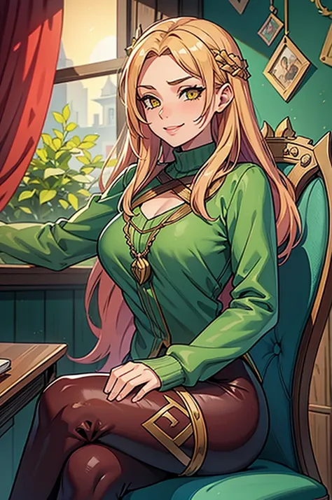 1girl, solo, 16 years old, loose blond hair, wearing dark red velvet leggings and a green sweather, sitting on a chair in classroom, crossing legs, smiling embarassed, side view, bare forehead, hooked nose, puffy cheeks, small breast, lustful, alluring, fl...