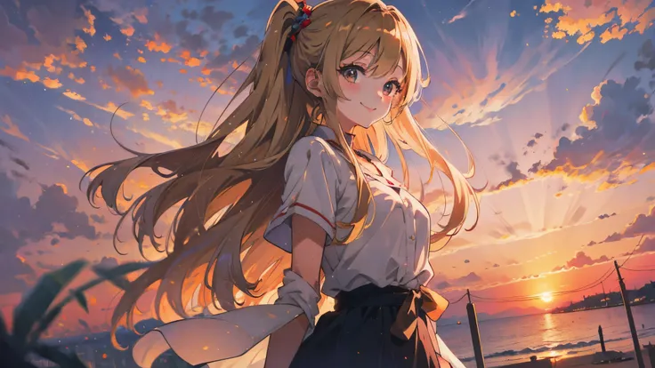 anime girl, young adult, smiling beautifully, sunset --auto --s2