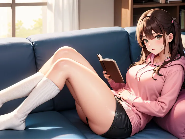 mid 20s thicc girl with brown hair and thicc butt laying on couch reading a book, she is wearing a pink hoodie and some shorts, she is also wearing white socks, she is laying down on her couch and being comfy while reading a book