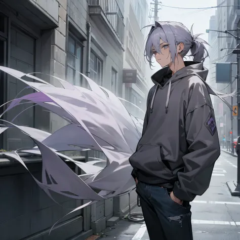 1male , Messy Spiky Greyish Lavender hair , pulled back into a low ponytail , Grey hoodie with black sleeves , baggy jeans , standing in street