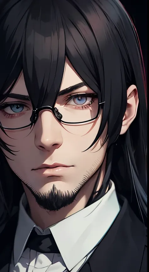 Fyodor Dostoevsky in anime,portraits,ultra-detailed,realistic:1.37,beautiful detailed eyes,beautiful detailed lips,extremely detailed eyes and face,long eyelashes,black hair,serious expression,smart glasses,dark background,vibrant colors,dramatic lighting