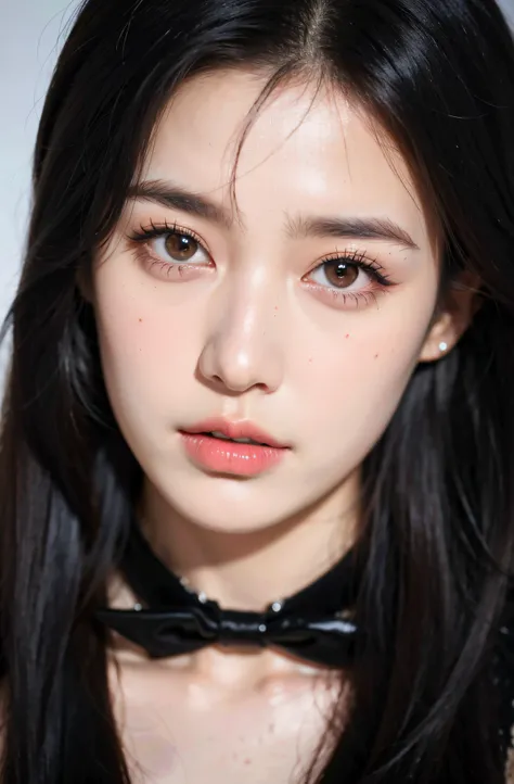 Close-up of a woman with long black hair wearing a bow tie, popular south korean makeup, soft portrait shot 8 k, clear lips and high quality, Beautiful eyebrows, Popular Korean Makeup, wan adorable korean face, Realistic. cheng yi, [ 4 k photorealism ]!!, ...