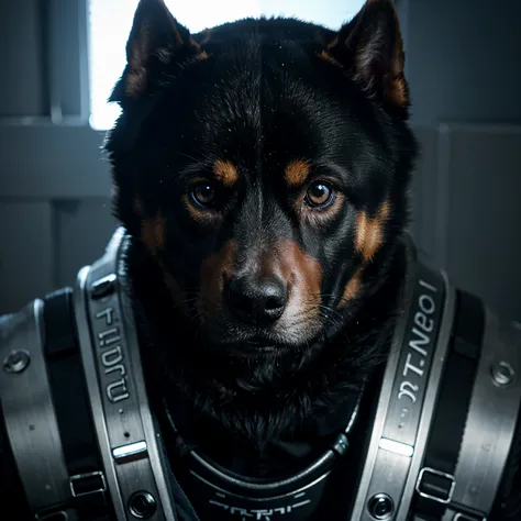 the face of a Rottsky dog with a cybernetic look