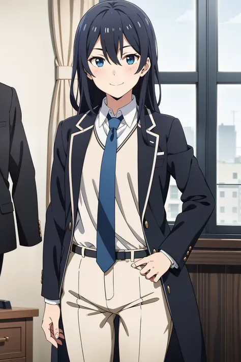 Yukinoshita Yukino wears a tuxedo coat, 1girl, Snafu anime, Female Butler, Elegant blue evening tie, collared shirt, bloomers, Black tail coat, Detailed background of the room, eyes blue, closed mouth, Smileing, Very sexy girl in suit and tie standing by t...