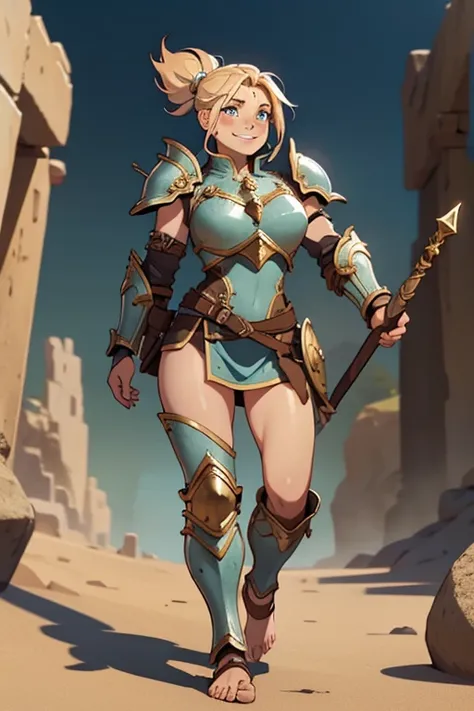 A beautiful strong female fantasy warrior, wearing armour, visibly barefoot, smiling, facial freckles.