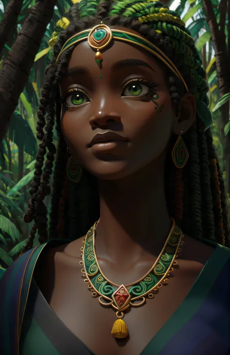 corpo inteiro linda rasta menina verde pele preta rasta , detalhes insanos :  menina da selva,High definition,Perfil do avatar,detalhes ultra realistas 4k, ultra detalhado 18k,retrato,circunstanciado, pele texturizada, belos olhos detalhados, detalhes do r...