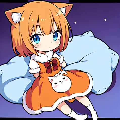 cute anime girl, cute anime girl dressed as Santa Clous, (cute anime girl with short hair), (cute anime girl with short orange hair), (cute anime girl with blue eyes), (cute anime girl with full body) ,(cute anime girl with cat ears)