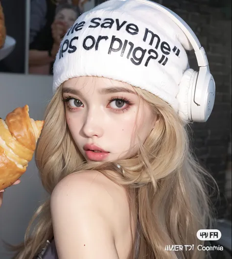 blond woman with headphones holding a croissant and a donut, belle delphine, looks like a mix of grimes, resembling a mix of grimes, she looks like a mix of grimes, ahegao, looks a blend of grimes, ava max, 🥥 🍕 hybrid, meme, portrait of kim petras, ahegao ...