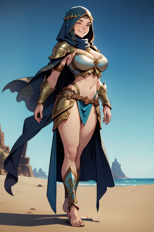 A beautiful strong female fantasy warrior, wearing armour and a veil, visibly barefoot, smiling, facial freckles.