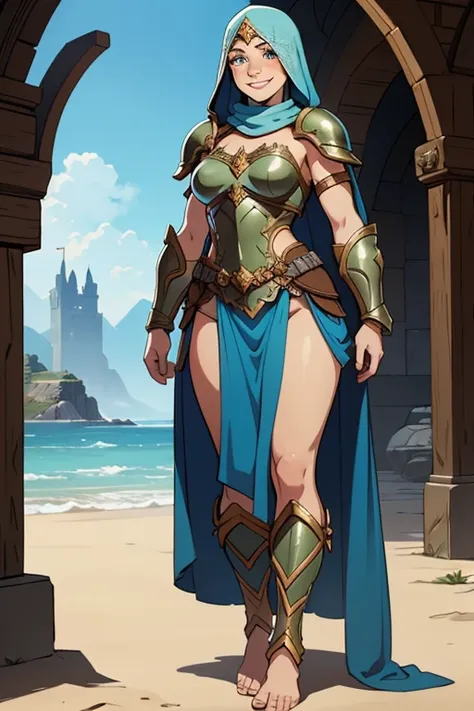 A beautiful strong female fantasy warrior, wearing armour and a veil, visibly barefoot, smiling, facial freckles.