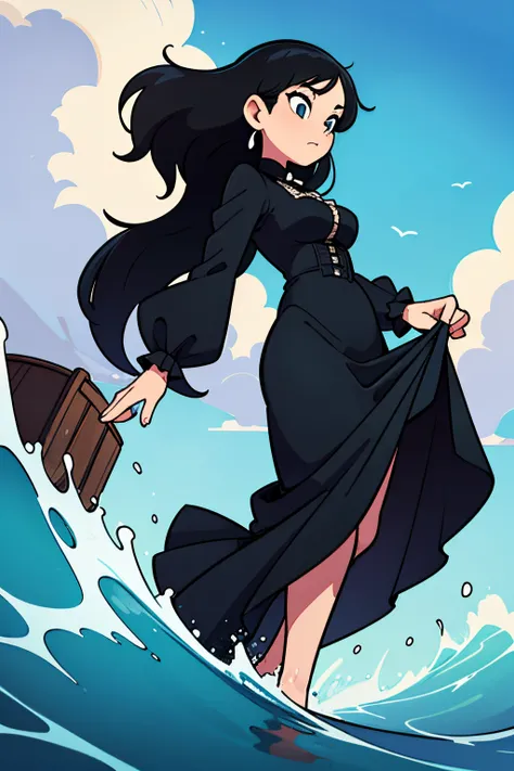 high quality. masterpiece, wide shot, a woman with black hair, wearing an all black Victorian dress wading through waves in the ocean with a steam train in the background