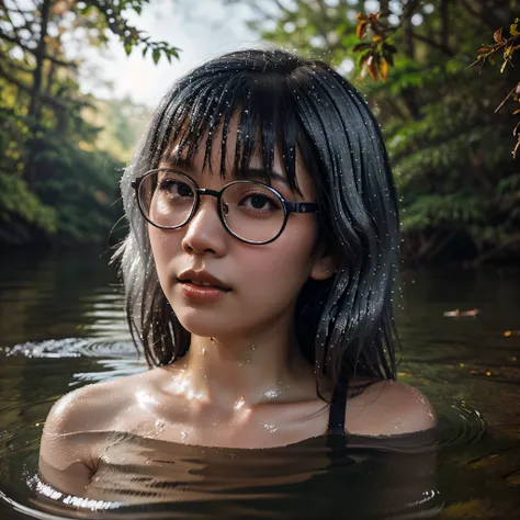 "A 26-year-old Thai woman wearing glasses. She is a woman with silver bangs. and beautiful face Lie on your back, stretched out, soaking in the water in the middle of the stream. until the body is soaked with water In a big forest with many colored leaves ...