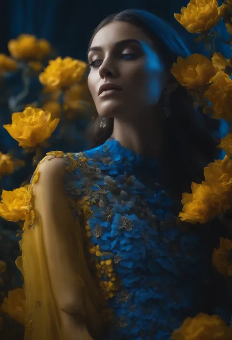 Otherworldly beauty’s cinematic fashion portrait, Mandelbrot selective color ombré, 3D pressed flower art, illusory furniture at dusk, shades of blue and yellow, moody, cinematic still, high quality, UHD, 8k