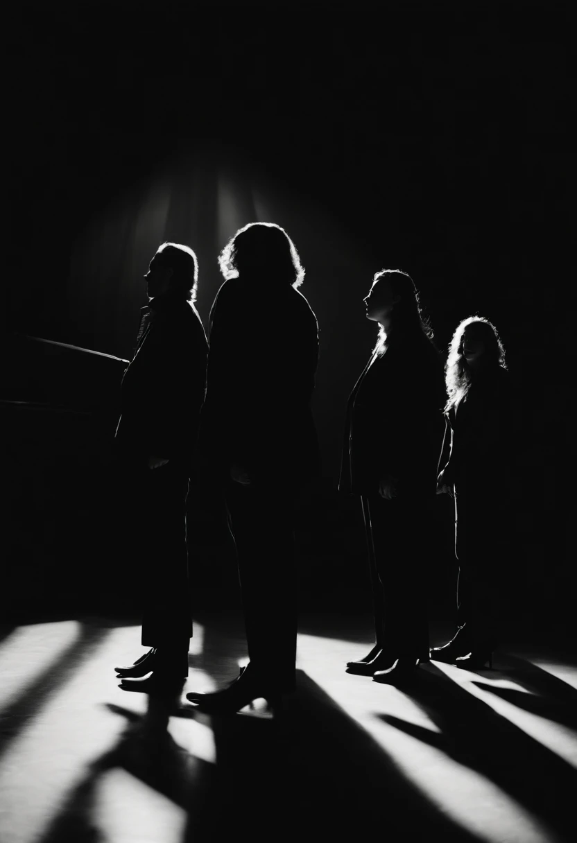 Shadow photography, music band covered in geometric shadow stripes, nostalgic, Kodak Porta, depth of field, 35mm film, ISO of 100, 8k, soft, black and white, high quality