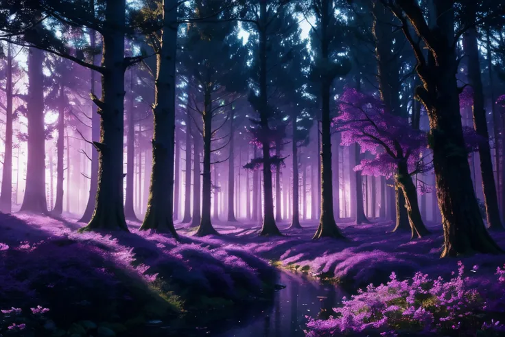 FairyTale masterpiece, trending, 8K, best quality, ultra-detailed, a magical forest full of towering trees, mystical landscape, vibrant colors, soft and diffuse lighting, otherworldly beauty, delicate flora and fauna, mysterious purple glow