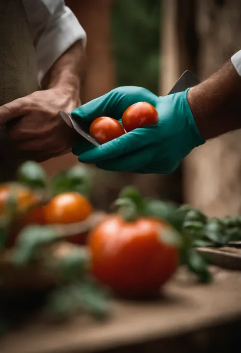 extreme close up of the hand of a chef, holding a knife, tomato, movie still, mediterranean, monumental vistas, organic architecture, olive trees, washed-out colors, teal and amber, pentax 645n --ar 16:9 --style raw --v 5.2