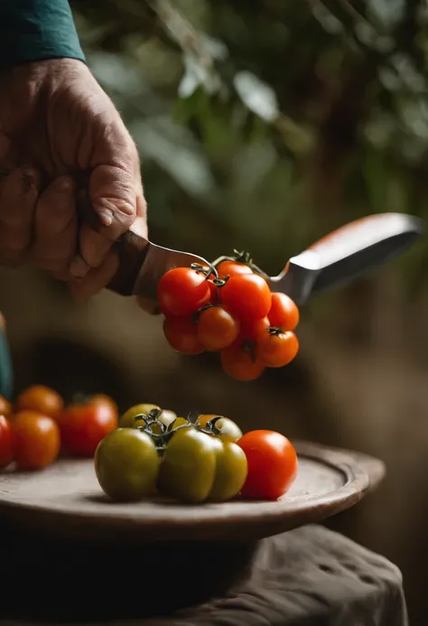 extreme close up of the hand of a chef, holding a knife, tomato, movie still, mediterranean, monumental vistas, organic architecture, olive trees, washed-out colors, teal and amber, pentax 645n --ar 16:9 --style raw --v 5.2