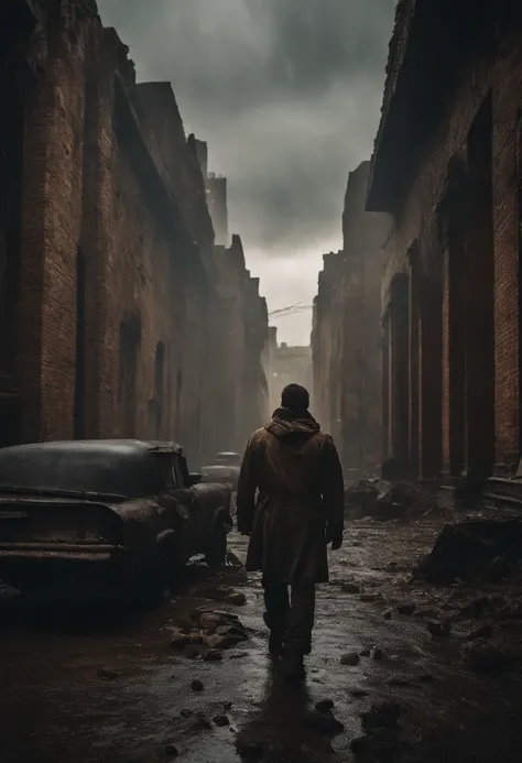 Cinematic shot in the style of Cristopher Nolan, A lone survivor in a post-apocalyptic city, wide shot with ruins in the background, it rained yesterday, dramatic lighting, intense and immersive atmosphere, dark, earthy tones, cinematic, epic realism,8K, h...