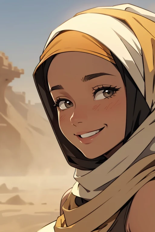 A happy woman wearing a headscarf during a sandstorm